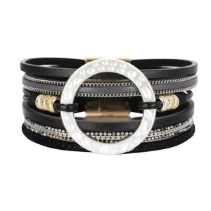 NWT Black & Silver Leather Bracelet with Statement Ring